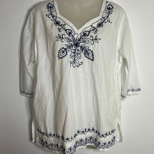 Ramarops by Papillon Blouse Women's Size L Embroidered Short Sleeve Peasant Top